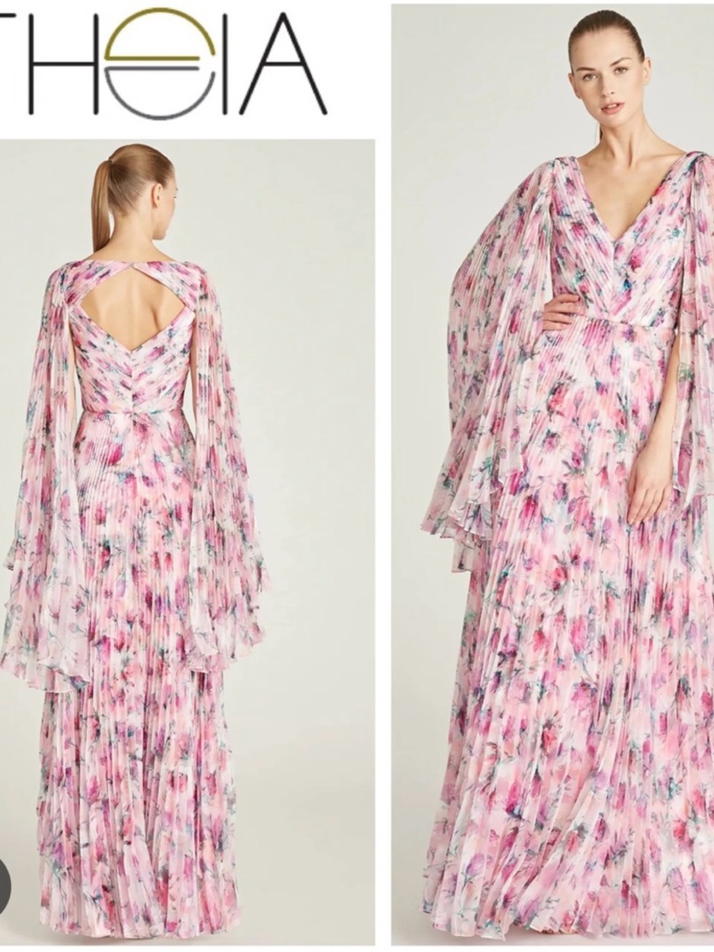 Theia Pink Floral Pleated V-Neck Maxi Gown